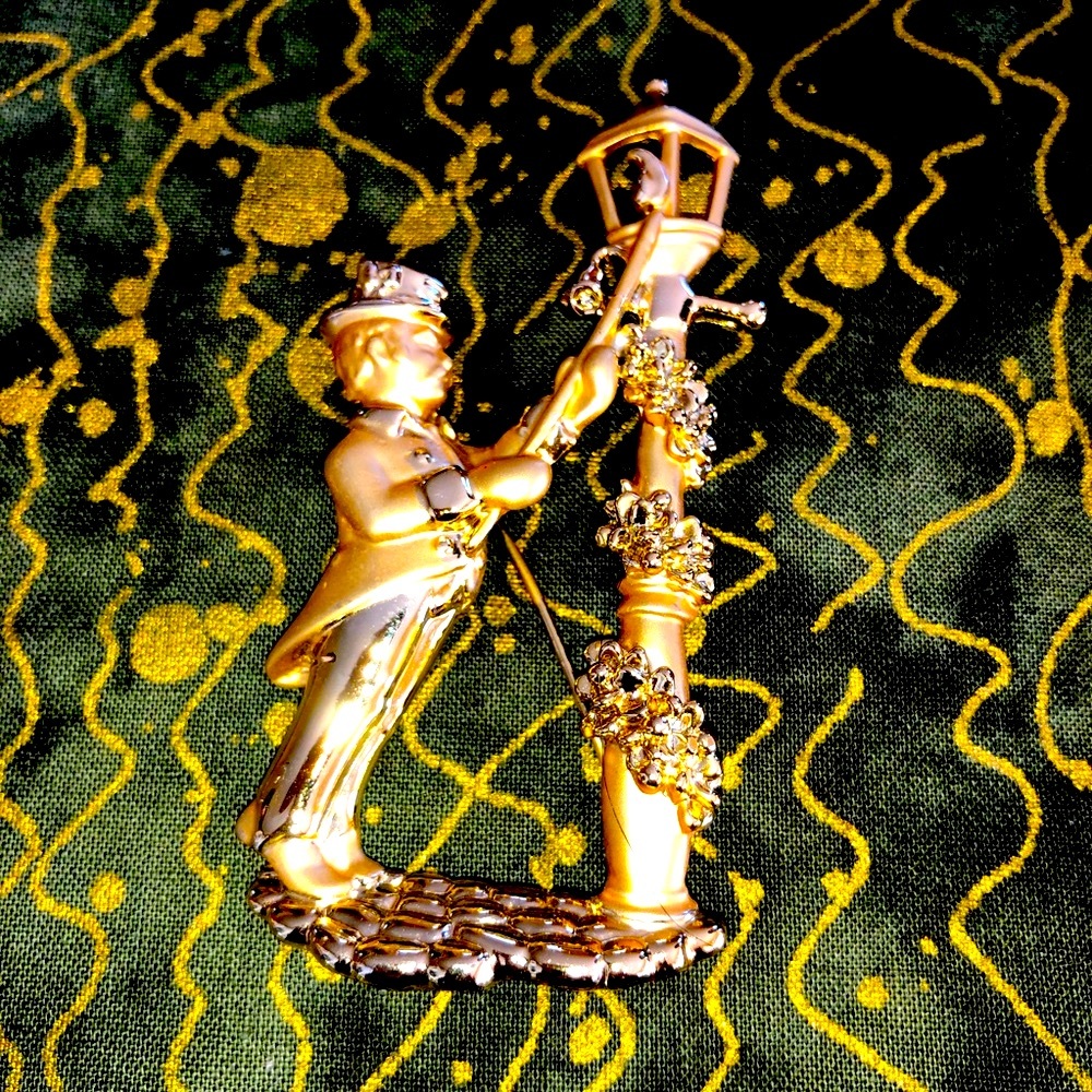 American Jewelry Company Lamplighter Pin, Shiny Gold Tone and Brushed Gold Tone